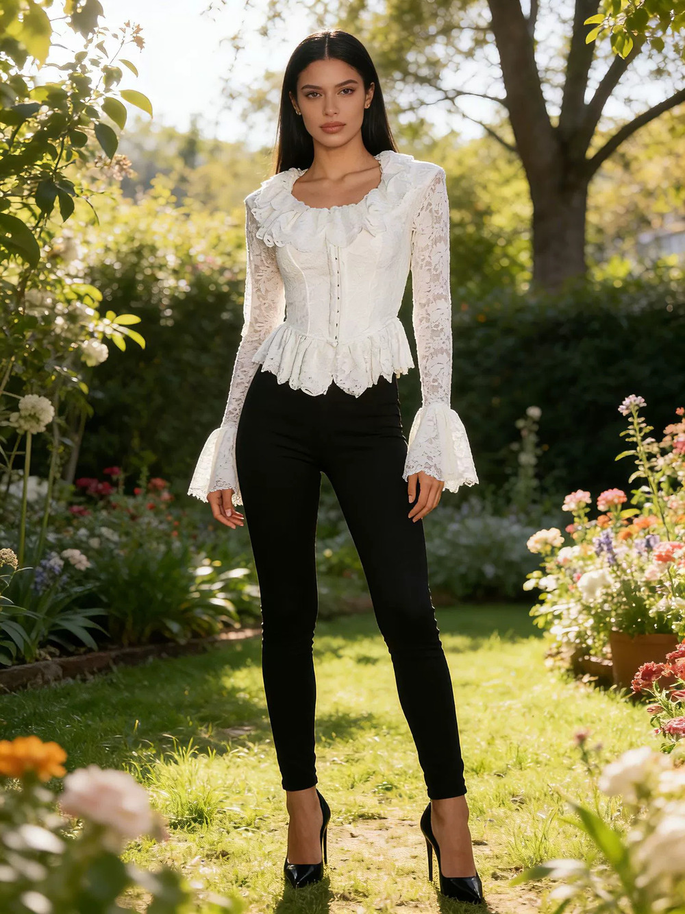 ZARA Womens Retro Lace Square Neck Petal Sleeve Slim Top